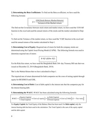 8
2. Determining the Beta Coefficients: To find out the Beta co-efficient, we have used the
following formula:
β =
COV(Stock Return, Market Return)
Variance of the Market return
The find out the Covariance between stock return and market return, we have used the 'COVAR'
function in the excel and used the annual returns of the stocks and the market calculated in Step-
1.
To find out the Variance of the market return, we have used the 'VAR' function in the excel and
used the annual returns of the market calculated in Step-1.
3. Determining Cost of Equity: Required rate of return for both the company stocks are
determined using the Capital Asset Pricing Model (CAPM). The following formula was used to
determine required rate of return:
𝑅=𝑅𝑓+𝛽(𝑅𝑚−𝑅𝑓)
For the Risk-free return, we have used the Bangladesh Bank 364- day Treasury Bill rate that was
issued on December 22, 2014 (Bangladesh Bank, 2014).
'Rm' is the Market Return that we have calculated in Step-1.
The required rate of return determined for both companies are the costs of raising capital through
equity for BEXIMCO and GSK..
4. Determining Cost of Debt: Cost of debt capital is the interest rate that the companies pay for
the interest bearing debt.
5. Determining the WACC: WACC has been calculated using the following formula:
𝑊𝐴𝐶𝐶 =
𝐸𝑞𝑢𝑖𝑡𝑦 𝐶𝑎𝑝𝑖𝑡𝑎𝑙
𝑇𝑜𝑡𝑎𝑙 𝐶𝑎𝑝𝑖𝑡𝑎𝑙
× 𝐶𝑜𝑠𝑡 𝑜𝑓 𝑒𝑞𝑢𝑖𝑡𝑦 +
𝐷𝑒𝑏𝑡 𝐶𝑎𝑝𝑖𝑡𝑎𝑙
𝑇𝑜𝑡𝑎𝑙 𝐶𝑎𝑝𝑖𝑡𝑎𝑙
× 𝐶𝑜𝑠𝑡 𝑜𝑓 𝐷𝑒𝑏𝑡 (1 − 𝑇𝑎𝑥 𝑟𝑎𝑡𝑒)
For Equity Capital, the Total Equity of the Balance Sheet has been used. For Debt capital, only the
interest bearing debt has been used in the calculation. The Total Capital is the sum of the equity capital
and the debt capital.
 