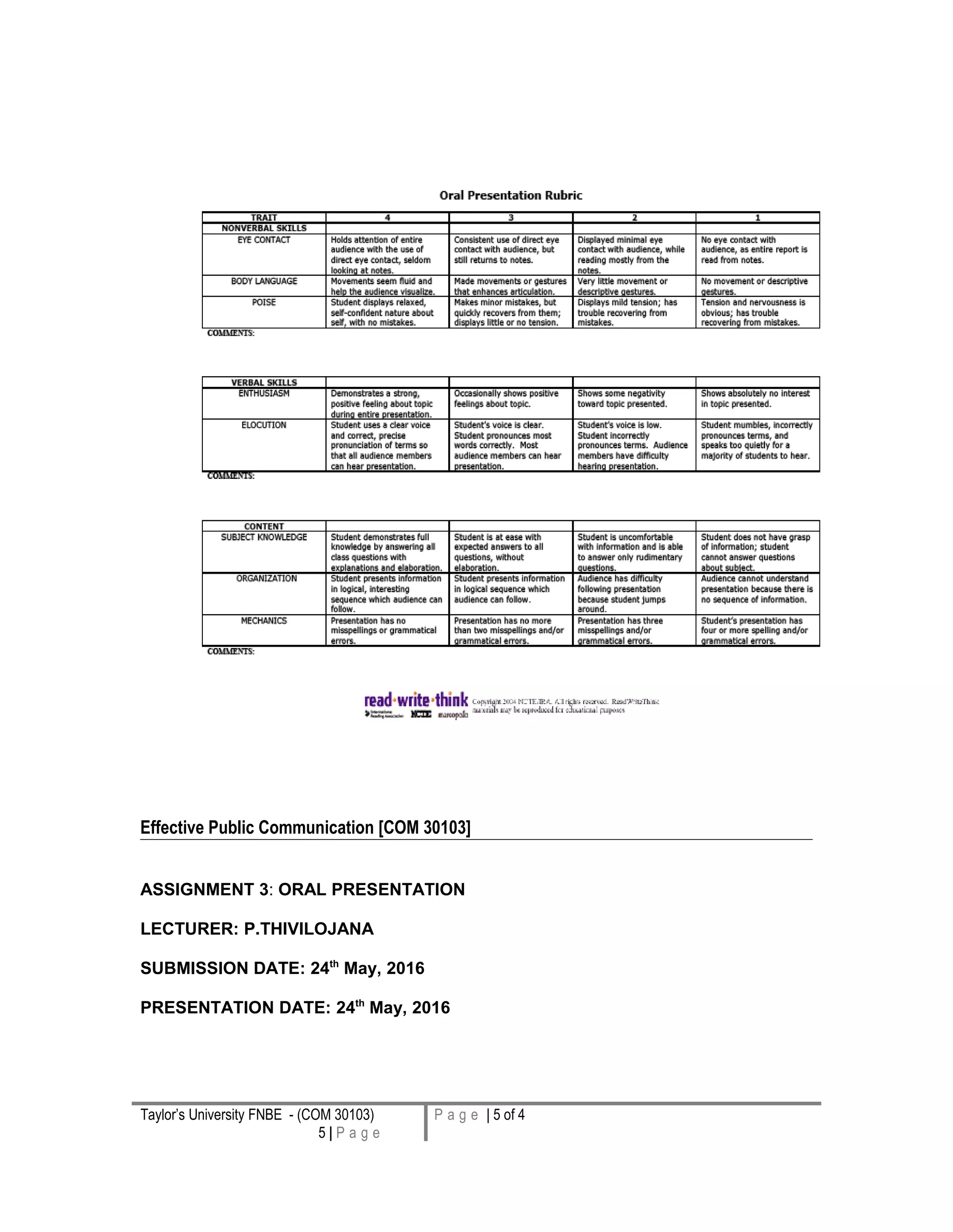 Effective Public Communication [COM 30103]
ASSIGNMENT 3: ORAL PRESENTATION
LECTURER: P.THIVILOJANA
SUBMISSION DATE: 24th
May, 2016
PRESENTATION DATE: 24th
May, 2016
Taylor’s University FNBE - (COM 30103)
5 | P a g e
P a g e | 5 of 4
 