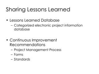 Sharing Lessons Learned Lessons Learned Database Categorized electronic project information database Continuous Improvement Recommendations Project Management Process Forms Standards 