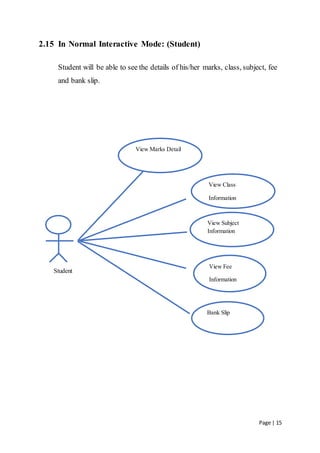 Page | 15
2.15 In Normal Interactive Mode: (Student)
Student will be able to see the details of his/her marks, class, subject, fee
and bank slip.
Student
View Subject
Information
View Fee
Information
Bank Slip
View Class
Information
View Marks Detail
 