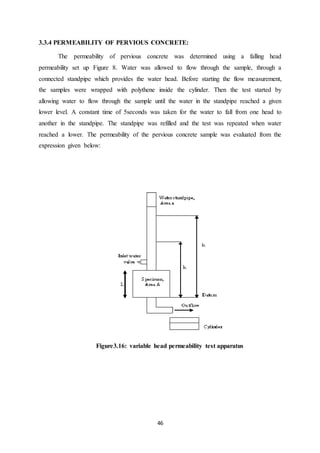 46
3.3.4 PERMEABILITY OF PERVIOUS CONCRETE:
The permeability of pervious concrete was determined using a falling head
permeability set up Figure 8. Water was allowed to flow through the sample, through a
connected standpipe which provides the water head. Before starting the flow measurement,
the samples were wrapped with polythene inside the cylinder. Then the test started by
allowing water to flow through the sample until the water in the standpipe reached a given
lower level. A constant time of 5seconds was taken for the water to fall from one head to
another in the standpipe. The standpipe was refilled and the test was repeated when water
reached a lower. The permeability of the pervious concrete sample was evaluated from the
expression given below:
Figure3.16: variable head permeability test apparatus
 