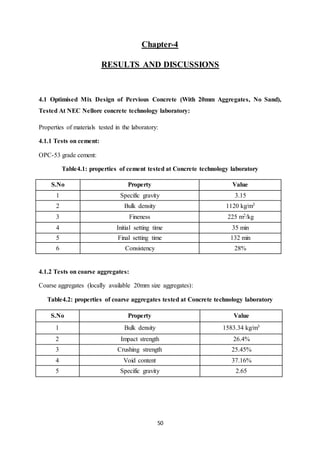 50
Chapter-4
RESULTS AND DISCUSSIONS
4.1 Optimised Mix Design of Pervious Concrete (With 20mm Aggregates, No Sand),
Tested At NEC Nellore concrete technology laboratory:
Properties of materials tested in the laboratory:
4.1.1 Tests on cement:
OPC-53 grade cement:
Table4.1: properties of cement tested at Concrete technology laboratory
S.No Property Value
1 Specific gravity 3.15
2 Bulk density 1120 kg/m3
3 Fineness 225 m2/kg
4 Initial setting time 35 min
5 Final setting time 132 min
6 Consistency 28%
4.1.2 Tests on coarse aggregates:
Coarse aggregates (locally available 20mm size aggregates):
Table4.2: properties of coarse aggregates tested at Concrete technology laboratory
S.No Property Value
1 Bulk density 1583.34 kg/m3
2 Impact strength 26.4%
3 Crushing strength 25.45%
4 Void content 37.16%
5 Specific gravity 2.65
 