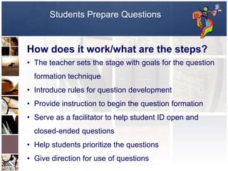 Students Prepare Questions


How does it work/what are the steps?
• The teacher sets the stage with goals for the question
  formation technique
• Introduce rules for question development
• Provide instruction to begin the question formation
• Serve as a facilitator to help student ID open and
  closed-ended questions
• Help students prioritize the questions
• Give direction for use of questions
 
