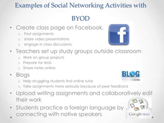 Examples of Social Networking Activities with
BYOD
• Create class page on Facebook.
o Post assignments
o share video presentations
o engage in class discussions.
• Teachers set up study groups outside classroom
o Work on group projects
o Prepare for tests
o Share notes online
• Blogs
o Help struggling students find online tutor
o Take assignments more seriously because of peer feedback
• Upload writing assignments and collaboratively edit
their work
• Students practice a foreign language by
connecting with native speakers
 