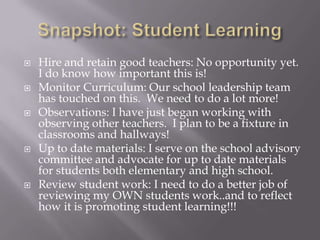 Snapshot: Student LearningHire and retain good teachers: No opportunity yet.  I do know how important this is!Monitor Curriculum: Our school leadership team has touched on this.  We need to do a lot more!Observations: I have just began working with observing other teachers.  I plan to be a fixture in classrooms and hallways!Up to date materials: I serve on the school advisory committee and advocate for up to date materials for students both elementary and high school.Review student work: I need to do a better job of reviewing my OWN students work..and to reflect how it is promoting student learning!!!