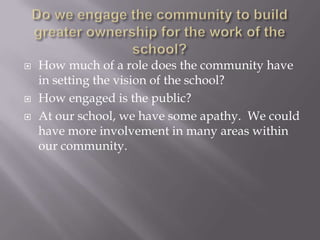 Do we engage the community to build greater ownership for the work of the school?How much of a role does the community have in setting the vision of the school?How engaged is the public?At our school, we have some apathy.  We could have more involvement in many areas within our community.