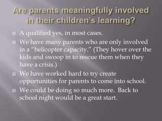 Are parents meaningfully involved in their children’s learning?A qualified yes, in most cases.We have many parents who are only involved in a “helicopter capacity.” (They hover over the kids and swoop in to rescue them when they have a crisis.)We have worked hard to try create opportunities for parents to come into school.We could be doing so much more.  Back to school night would be a great start.