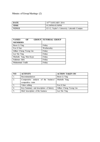 Minutes of Group Meetings (2)
DATE 10TH JANUARY 2016
TIME 01:30PM-05:30PM
VENUE E3.12, Taylor’s University Lakeside Campus
NAMES OF GROUP
MEMBERS
TUTORIAL GROUP
Boon Li Ying Friday
Foo Ji Sun Wednessday
Gillian Chong Yeong Lin Friday
Lee Xin Ying Friday
Michelle Tung Man Kaye Friday
Sulaiman Idris Friday
Muhammad Faidh Friday
NO ACTIVITY ACTION TAKEN BY
1. Recommendation Boon Li Ying
2. Comparative analysis of the business’
competitive traits
Michelle Tung
3. Video editing Foo Ji Sun
4. Key Summary and description of history Gillian Chong Yeong Lin
5. Brief description of the business Lee Xin Ying
 