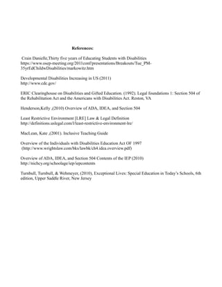 References:

 Crain Danielle,Thirty five years of Educating Students with Disabilities
https://www.osep-meeting.org/2011conf/presentations/Breakouts/Tue_PM-
35yrEdChildwDisabilities/markowitz.htm

Developmental Disabilities Increasing in US (2011)
http://www.cdc.gov/

ERIC Clearinghouse on Disabilities and Gifted Education. (1992). Legal foundations 1: Section 504 of
the Rehabilitation Act and the Americans with Disabilities Act. Reston, VA

Henderson,Kelly ,(2010) Overview of ADA, IDEA, and Section 504

Least Restrictive Environment [LRE] Law & Legal Definition
http://definitions.uslegal.com/l/least-restrictive-environment-lre/

MacLean, Kate ,(2001). Inclusive Teaching Guide

Overview of the Individuals with Disabilities Education Act OF 1997
(http://www.wrightslaw.com/bks/lawbk/ch4.idea.overview.pdf)

Overview of ADA, IDEA, and Section 504 Contents of the IEP (2010)
http://nichcy.org/schoolage/iep/iepcontents

Turnbull, Turnbull, & Wehmeyer, (2010), Exceptional Lives: Special Education in Today’s Schools, 6th
edition, Upper Saddle River, New Jersey
 