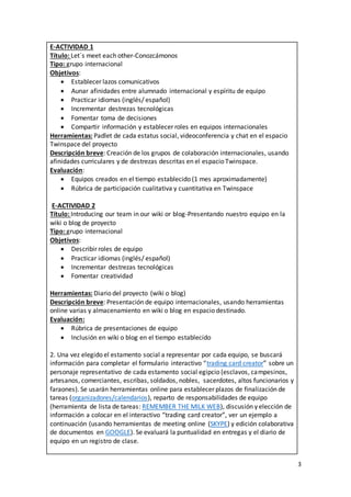 3
E-ACTIVIDAD 1
Título: Let´s meet each other-Conozcámonos
Tipo: grupo internacional
Objetivos:
 Establecer lazos comunicativos
 Aunar afinidades entre alumnado internacional y espíritu de equipo
 Practicar idiomas (inglés/ español)
 Incrementar destrezas tecnológicas
 Fomentar toma de decisiones
 Compartir información y establecer roles en equipos internacionales
Herramientas: Padlet de cada estatus social, videoconferencia y chat en el espacio
Twinspace del proyecto
Descripción breve: Creación de los grupos de colaboración internacionales, usando
afinidades curriculares y de destrezas descritas en el espacio Twinspace.
Evaluación:
 Equipos creados en el tiempo establecido (1 mes aproximadamente)
 Rúbrica de participación cualitativa y cuantitativa en Twinspace
E-ACTIVIDAD 2
Título: Introducing our team in our wiki or blog-Presentando nuestro equipo en la
wiki o blog de proyecto
Tipo: grupo internacional
Objetivos:
 Describir roles de equipo
 Practicar idiomas (inglés/ español)
 Incrementar destrezas tecnológicas
 Fomentar creatividad
Herramientas: Diario del proyecto (wiki o blog)
Descripción breve: Presentación de equipo internacionales, usando herramientas
online varias y almacenamiento en wiki o blog en espacio destinado.
Evaluación:
 Rúbrica de presentaciones de equipo
 Inclusión en wiki o blog en el tiempo establecido
2. Una vez elegido el estamento social a representar por cada equipo, se buscará
información para completar el formulario interactivo “trading card creator” sobre un
personaje representativo de cada estamento social egipcio (esclavos, campesinos,
artesanos, comerciantes, escribas, soldados, nobles, sacerdotes, altos funcionarios y
faraones). Se usarán herramientas online para establecer plazos de finalización de
tareas (organizadores/calendarios), reparto de responsabilidades de equipo
(herramienta de lista de tareas: REMEMBER THE MILK WEB), discusión y elección de
información a colocar en el interactivo “trading card creator”, ver un ejemplo a
continuación (usando herramientas de meeting online (SKYPE) y edición colaborativa
de documentos en GOOGLE). Se evaluará la puntualidad en entregas y el diario de
equipo en un registro de clase.
 