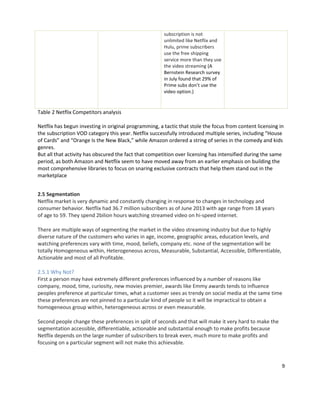subscription is not
unlimited like Netflix and
Hulu, prime subscribers
use the free shipping
service more than they use
the video streaming (A
Bernstein Research survey
in July found that 29% of
Prime subs don’t use the
video option.)

Table 2 Netflix Competitors analysis
Netflix has begun investing in original programming, a tactic that stole the focus from content licensing in
the subscription VOD category this year. Netflix successfully introduced multiple series, including “House
of Cards” and “Orange Is the New Black,” while Amazon ordered a string of series in the comedy and kids
genres.
But all that activity has obscured the fact that competition over licensing has intensified during the same
period, as both Amazon and Netflix seem to have moved away from an earlier emphasis on building the
most comprehensive libraries to focus on snaring exclusive contracts that help them stand out in the
marketplace
2.5 Segmentation
Netflix market is very dynamic and constantly changing in response to changes in technology and
consumer behavior. Netflix had 36.7 million subscribers as of June 2013 with age range from 18 years
of age to 59. They spend 2bilion hours watching streamed video on hi-speed internet.
There are multiple ways of segmenting the market in the video streaming industry but due to highly
diverse nature of the customers who varies in age, income, geographic areas, education levels, and
watching preferences vary with time, mood, beliefs, company etc. none of the segmentation will be
totally Homogeneous within, Heterogeneous across, Measurable, Substantial, Accessible, Differentiable,
Actionable and most of all Profitable.
2.5.1 Why Not?
First a person may have extremely different preferences influenced by a number of reasons like
company, mood, time, curiosity, new movies premier, awards like Emmy awards tends to influence
peoples preference at particular times, what a customer sees as trendy on social media at the same time
these preferences are not pinned to a particular kind of people so it will be impractical to obtain a
homogeneous group within, heterogeneous across or even measurable.
Second people change these preferences in split of seconds and that will make it very hard to make the
segmentation accessible, differentiable, actionable and substantial enough to make profits because
Netflix depends on the large number of subscribers to break even, much more to make profits and
focusing on a particular segment will not make this achievable.

9

 