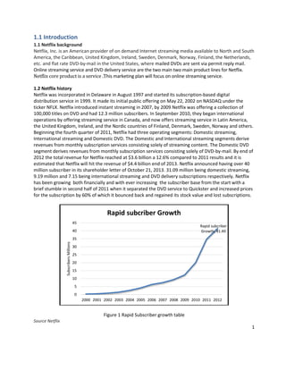 1.1 Introduction
1.1 Netflix background
Netflix, Inc. is an American provider of on demand Internet streaming media available to North and South
America, the Caribbean, United Kingdom, Ireland, Sweden, Denmark, Norway, Finland, the Netherlands,
etc. and flat rate DVD-by-mail in the United States, where mailed DVDs are sent via permit reply mail.
Online streaming service and DVD delivery service are the two main two main product lines for Netflix.
Netflix core product is a service .This marketing plan will focus on online streaming service.
1.2 Netflix history
Netflix was incorporated in Delaware in August 1997 and started its subscription-based digital
distribution service in 1999. It made its initial public offering on May 22, 2002 on NASDAQ under the
ticker NFLX. Netflix introduced instant streaming in 2007, by 2009 Netflix was offering a collection of
100,000 titles on DVD and had 12.3 million subscribers. In September 2010, they began international
operations by offering streaming service in Canada, and now offers streaming service in Latin America,
the United Kingdom, Ireland, and the Nordic countries of Finland, Denmark, Sweden, Norway and others.
Beginning the fourth quarter of 2011, Netflix had three operating segments: Domestic streaming,
International streaming and Domestic DVD. The Domestic and International streaming segments derive
revenues from monthly subscription services consisting solely of streaming content. The Domestic DVD
segment derives revenues from monthly subscription services consisting solely of DVD-by-mail. By end of
2012 the total revenue for Netflix reached at $3.6 billion a 12.6% compared to 2011 results and it is
estimated that Netflix will hit the revenue of $4.4 billion end of 2013. Netflix announced having over 40
million subscriber in its shareholder letter of October 21, 2013. 31.09 million being domestic streaming,
9.19 million and 7.15 being international streaming and DVD delivery subscriptions respectively. Netflix
has been growing both financially and with ever increasing the subscriber base from the start with a
brief stumble in second half of 2011 when it separated the DVD service to Quickster and increased prices
for the subscription by 60% of which it bounced back and regained its stock value and lost subscriptions.

Rapid subcriber Growth
45

Rapid subcriber
Growth, 41.49

40

Subscribers Millions

35
30
25
20
15
10
5
0
2000 2001 2002 2003 2004 2005 2006 2007 2008 2009 2010 2011 2012

Figure 1 Rapid Subscriber growth table
Source Netflix

1

 