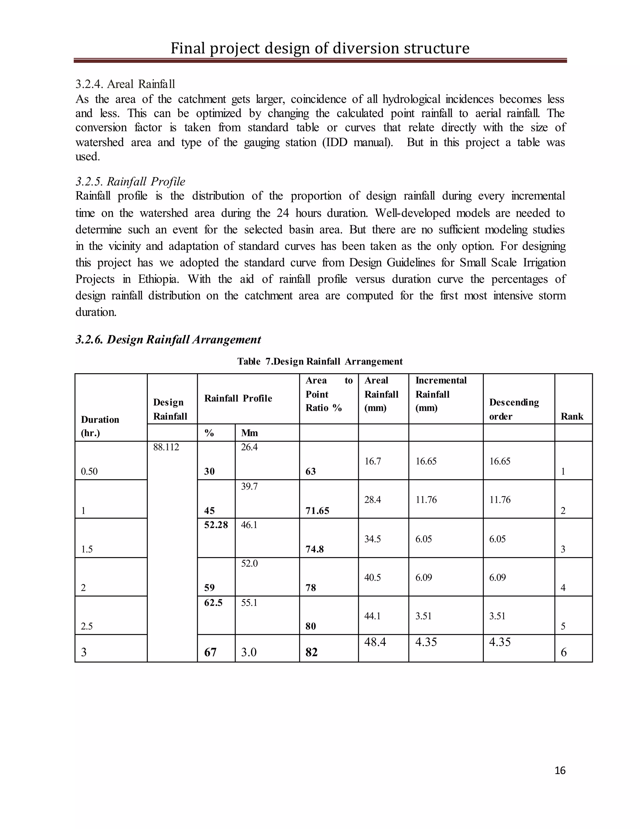 Final project design of diversion structure
16
3.2.4. Areal Rainfall
As the area of the catchment gets larger, coincidence of all hydrological incidences becomes less
and less. This can be optimized by changing the calculated point rainfall to aerial rainfall. The
conversion factor is taken from standard table or curves that relate directly with the size of
watershed area and type of the gauging station (IDD manual). But in this project a table was
used.
3.2.5. Rainfall Profile
Rainfall profile is the distribution of the proportion of design rainfall during every incremental
time on the watershed area during the 24 hours duration. Well-developed models are needed to
determine such an event for the selected basin area. But there are no sufficient modeling studies
in the vicinity and adaptation of standard curves has been taken as the only option. For designing
this project has we adopted the standard curve from Design Guidelines for Small Scale Irrigation
Projects in Ethiopia. With the aid of rainfall profile versus duration curve the percentages of
design rainfall distribution on the catchment area are computed for the first most intensive storm
duration.
3.2.6. Design Rainfall Arrangement
Table 7.Design Rainfall Arrangement
Duration
(hr.)
Design
Rainfall
Rainfall Profile
Area to
Point
Ratio %
Areal
Rainfall
(mm)
Incremental
Rainfall
(mm)
Descending
order Rank
% Mm
0.50
88.112
30
26.4
63
16.7 16.65 16.65
1
1 45
39.7
71.65
28.4 11.76 11.76
2
1.5
52.28 46.1
74.8
34.5 6.05 6.05
3
2 59
52.0
78
40.5 6.09 6.09
4
2.5
62.5 55.1
80
44.1 3.51 3.51
5
3 67 3.0 82
48.4 4.35 4.35
6
 
