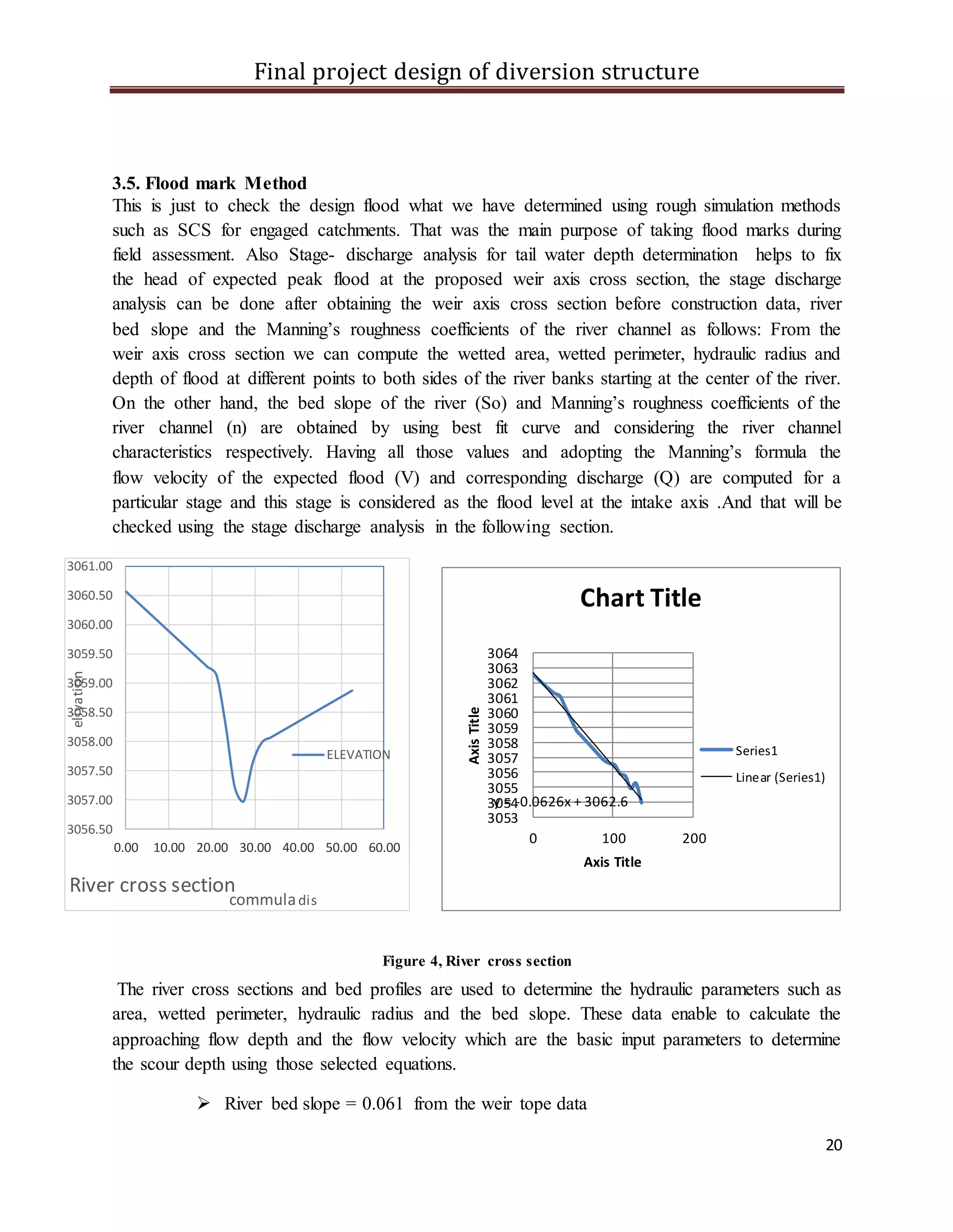 Final project design of diversion structure
20
3.5. Flood mark Method
This is just to check the design flood what we have determined using rough simulation methods
such as SCS for engaged catchments. That was the main purpose of taking flood marks during
field assessment. Also Stage- discharge analysis for tail water depth determination helps to fix
the head of expected peak flood at the proposed weir axis cross section, the stage discharge
analysis can be done after obtaining the weir axis cross section before construction data, river
bed slope and the Manning’s roughness coefficients of the river channel as follows: From the
weir axis cross section we can compute the wetted area, wetted perimeter, hydraulic radius and
depth of flood at different points to both sides of the river banks starting at the center of the river.
On the other hand, the bed slope of the river (So) and Manning’s roughness coefficients of the
river channel (n) are obtained by using best fit curve and considering the river channel
characteristics respectively. Having all those values and adopting the Manning’s formula the
flow velocity of the expected flood (V) and corresponding discharge (Q) are computed for a
particular stage and this stage is considered as the flood level at the intake axis .And that will be
checked using the stage discharge analysis in the following section.
Figure 4, River cross section
The river cross sections and bed profiles are used to determine the hydraulic parameters such as
area, wetted perimeter, hydraulic radius and the bed slope. These data enable to calculate the
approaching flow depth and the flow velocity which are the basic input parameters to determine
the scour depth using those selected equations.
 River bed slope = 0.061 from the weir tope data
3056.50
3057.00
3057.50
3058.00
3058.50
3059.00
3059.50
3060.00
3060.50
3061.00
0.00 10.00 20.00 30.00 40.00 50.00 60.00
elivation
commuladis
River cross section
ELEVATION
y = -0.0626x + 3062.6
3053
3054
3055
3056
3057
3058
3059
3060
3061
3062
3063
3064
0 100 200
AxisTitle
Axis Title
Chart Title
Series1
Linear (Series1)
 