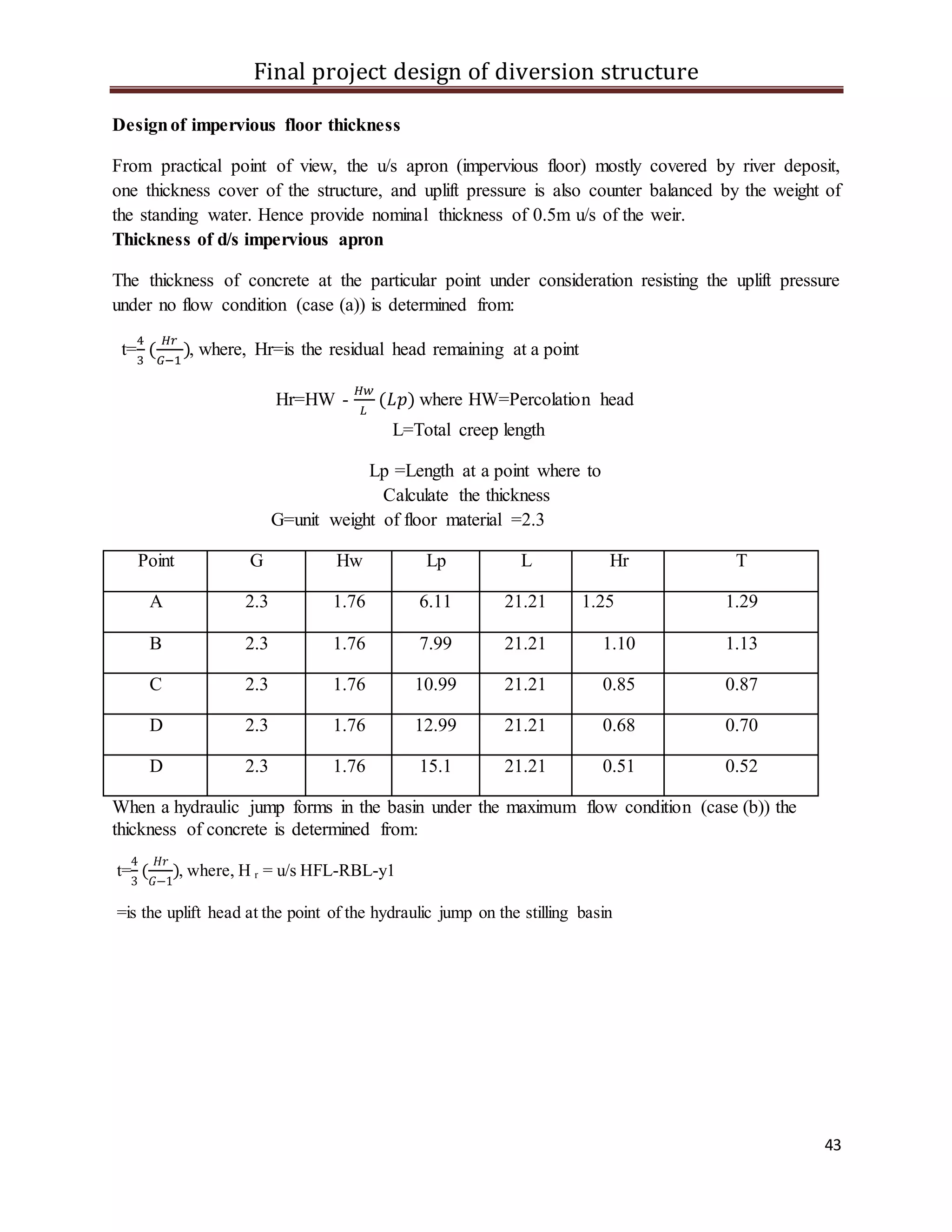 Final project design of diversion structure
43
Designof impervious floor thickness
From practical point of view, the u/s apron (impervious floor) mostly covered by river deposit,
one thickness cover of the structure, and uplift pressure is also counter balanced by the weight of
the standing water. Hence provide nominal thickness of 0.5m u/s of the weir.
Thickness of d/s impervious apron
The thickness of concrete at the particular point under consideration resisting the uplift pressure
under no flow condition (case (a)) is determined from:
t=
4
3
(
𝐻𝑟
𝐺−1
), where, Hr=is the residual head remaining at a point
Hr=HW -
𝐻𝑤
𝐿
(𝐿𝑝) where HW=Percolation head
L=Total creep length
Lp =Length at a point where to
Calculate the thickness
G=unit weight of floor material =2.3
Point G Hw Lp L Hr T
A 2.3 1.76 6.11 21.21 1.25 1.29
B 2.3 1.76 7.99 21.21 1.10 1.13
C 2.3 1.76 10.99 21.21 0.85 0.87
D 2.3 1.76 12.99 21.21 0.68 0.70
D 2.3 1.76 15.1 21.21 0.51 0.52
When a hydraulic jump forms in the basin under the maximum flow condition (case (b)) the
thickness of concrete is determined from:
t=
4
3
(
𝐻𝑟
𝐺−1
), where, H r = u/s HFL-RBL-y1
=is the uplift head at the point of the hydraulic jump on the stilling basin
 
