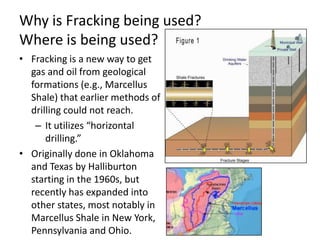 Why is Fracking being used?
Where is being used?
• Fracking is a new way to get
gas and oil from geological
formations (e.g., Marcellus
Shale) that earlier methods of
drilling could not reach.
– It utilizes “horizontal
drilling.”
• Originally done in Oklahoma
and Texas by Halliburton
starting in the 1960s, but
recently has expanded into
other states, most notably in
Marcellus Shale in New York,
Pennsylvania and Ohio.

 