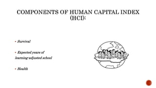  Survival
 Expected years of
learning-adjusted school
 Health
 