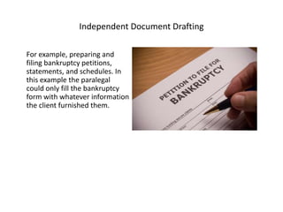 Independent Document Drafting

For example, preparing and
filing bankruptcy petitions,
statements, and schedules. In
this ...
