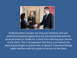 Professionalism includes not only your behavior and your
  polished and poised appearance but also preventing external
 pe...
