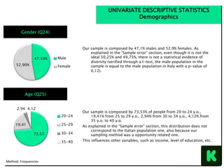 47.10%
52.90%
Male
Female
Our sample is composed by 47,1% males and 52,9% females. As
explained in the “Sample error” section, even though it is not the
ideal 50,25% and 49,75%, there is not a statistical evidence of
diversity (verified through a t-test, the male population in the
sample is equal to the male population in Italy with a p-value of
0,12).
Method:	Frequencies	
UNIVARIATE DESCRIPTIVE STATISTICS
Demographics
Gender (Q24)
Age (Q25)
73.53
19.41
2.94 4.12
20-24
25-29
30-34
35-40
Our sample is composed by 73,53% of people from 20 to 24 y.o.,
19,41% from 25 to 29 y.o., 2,94% from 30 to 34 y.o., 4,12% from
35 y.o. to 40 y.o.
As explained in the “Sample error” section, this distribution does not
correspond to the Italian population one, also because our
sampling method was a opportunity related one.
This influences other variables, such as income, level of education, etc.
 