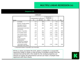 All the p-values are below the 0,05, which is needed for a successfull
regression model. It shows us that all these 9 variables except from the
constant that will be left in the model for the residual properties are
relevant to explain the phenomenon and we can make a multiple linear
regression with them clearly.
MULTIPLE LINEAR REGRESSION (iv)
Stepwise (İİ)
 