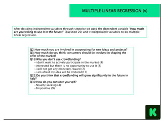 After deciding independent variables through stepwise we used the dependent variable “How much
are you willing to use it in the future?” (question 20) and 9 independent variables to do multiple
linear regression.
MULTIPLE LINEAR REGRESSION (v)
Q2:How much you are involved in cooperating for new ideas and projects?
Q3:How much do you think consumers should be involved in shaping the
offer of the market?
Q19:Why you don’t use crowdfunding?
-i don’t want to actively participate in the market (4)
-interested but there is no opportunity to use it (8)
-i will not get any monetary reward (7)
-i am afraid my idea will be imitated(11)
Q22:Do you think that crowdfunding will grow significantly in the future in
Italy?
Q30:How do you consider yourself?
-Novelty seeking (4)
-Propositive (9)
 