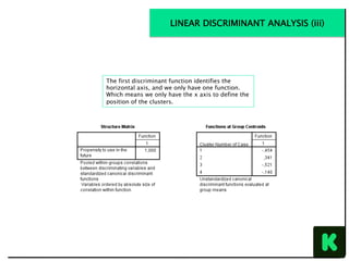 The first discriminant function identifies the
horizontal axis, and we only have one function.
Which means we only have the x axis to define the
position of the clusters.
LINEAR DISCRIMINANT ANALYSIS (iii)
 