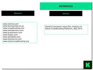 REFERENCES
Websites
www.statista.com
www.businesslaw.co.uk
www.crowdfunding.com
www.entrepreneur.com
www.prnewswire.com
www.forbes.com
www.wikipedia.com
www.fastcoexist.com
www.italiancrowdfunding.org
Articles
Daniela Castrataro, Ivana Pais, Analysis of
Italian Crowdfunding Platforms, May 2014
 