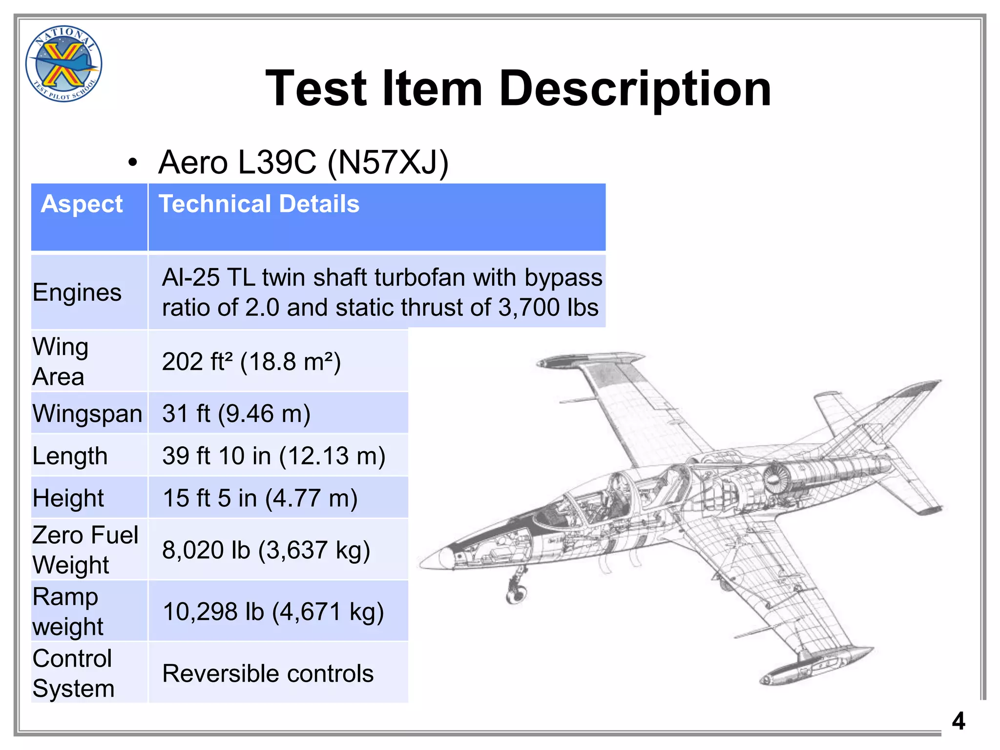 4
Test Item Description
• Aero L39C (N57XJ)
4
Aspect Technical Details
Engines
Al-25 TL twin shaft turbofan with bypass
ratio of 2.0 and static thrust of 3,700 lbs
Wing
Area
202 ft² (18.8 m²)
Wingspan 31 ft (9.46 m)
Length 39 ft 10 in (12.13 m)
Height 15 ft 5 in (4.77 m)
Zero Fuel
Weight
8,020 lb (3,637 kg)
Ramp
weight
10,298 lb (4,671 kg)
Control
System
Reversible controls
 