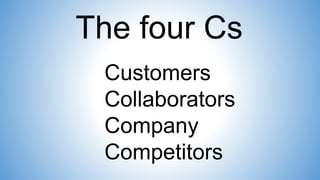 The four Cs
Customers
Collaborators
Company
Competitors
 