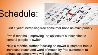 Schedule:
First 1 year: increasing free consumer base as main priority.
2next 6 months : Improving the options of subscription to
compel people to switch.
Next 6 months: further focusing on newer customers free to
incresase reach and word of mouth by free customers to
attract customers who will subscribe.
 