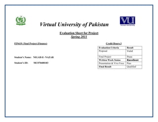 Virtual University of Pakistan
Evaluation Sheet for Project
Spring 2011
FIN619: Final Project (Finance) Credit Hours:3
Student’s Name: NIGAH-E- NAZAR
Student’s ID: MC070400183
Evaluation Criteria Result
Proposal Valid
Final Project Pass
Written Work Status Excellent
Presentation & Viva Voce Pass
Final Result Qualified
 