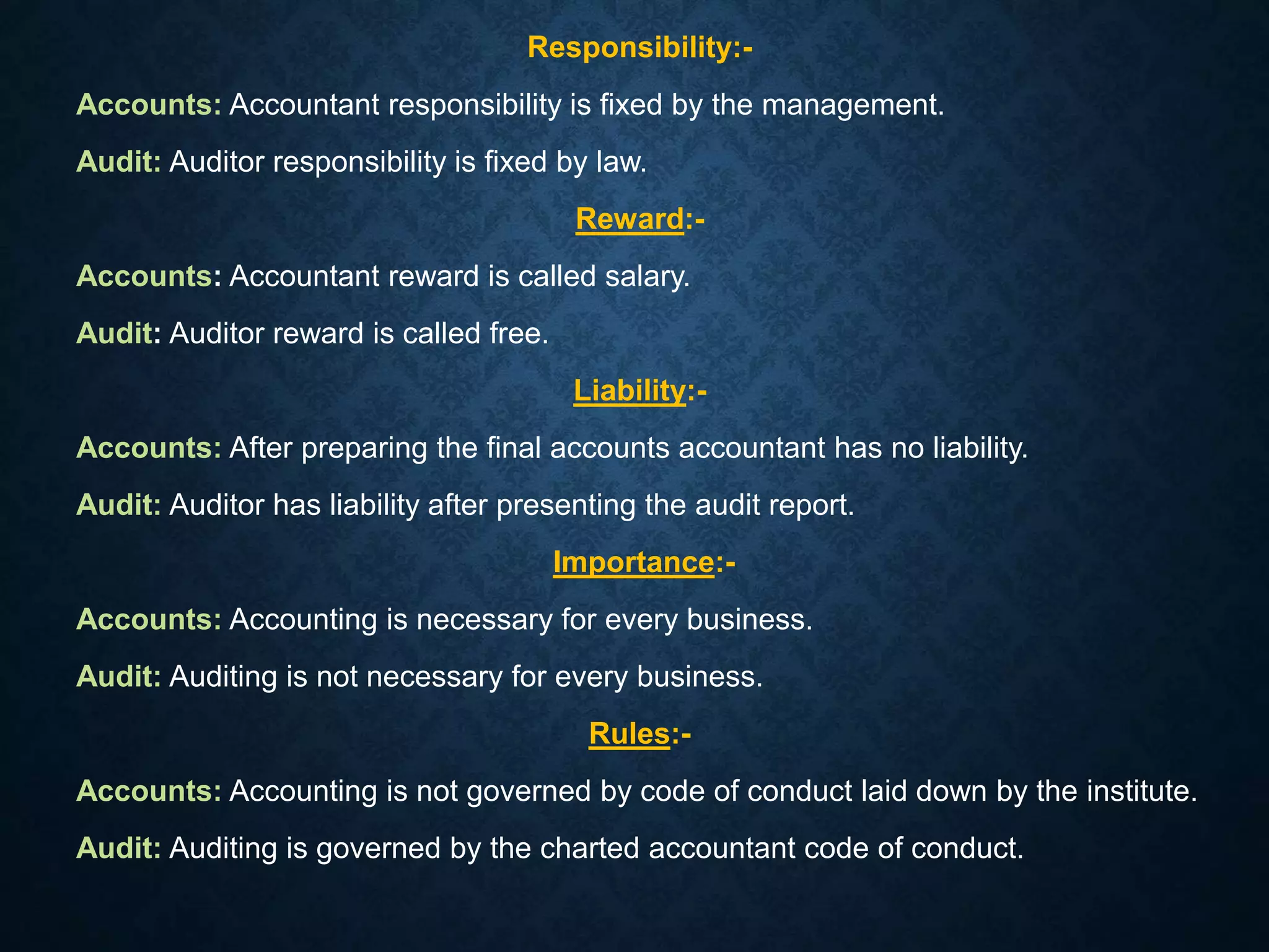 Responsibility:-
Accounts: Accountant responsibility is fixed by the management.
Audit: Auditor responsibility is fixed by law.
Reward:-
Accounts: Accountant reward is called salary.
Audit: Auditor reward is called free.
Liability:-
Accounts: After preparing the final accounts accountant has no liability.
Audit: Auditor has liability after presenting the audit report.
Importance:-
Accounts: Accounting is necessary for every business.
Audit: Auditing is not necessary for every business.
Rules:-
Accounts: Accounting is not governed by code of conduct laid down by the institute.
Audit: Auditing is governed by the charted accountant code of conduct.
 