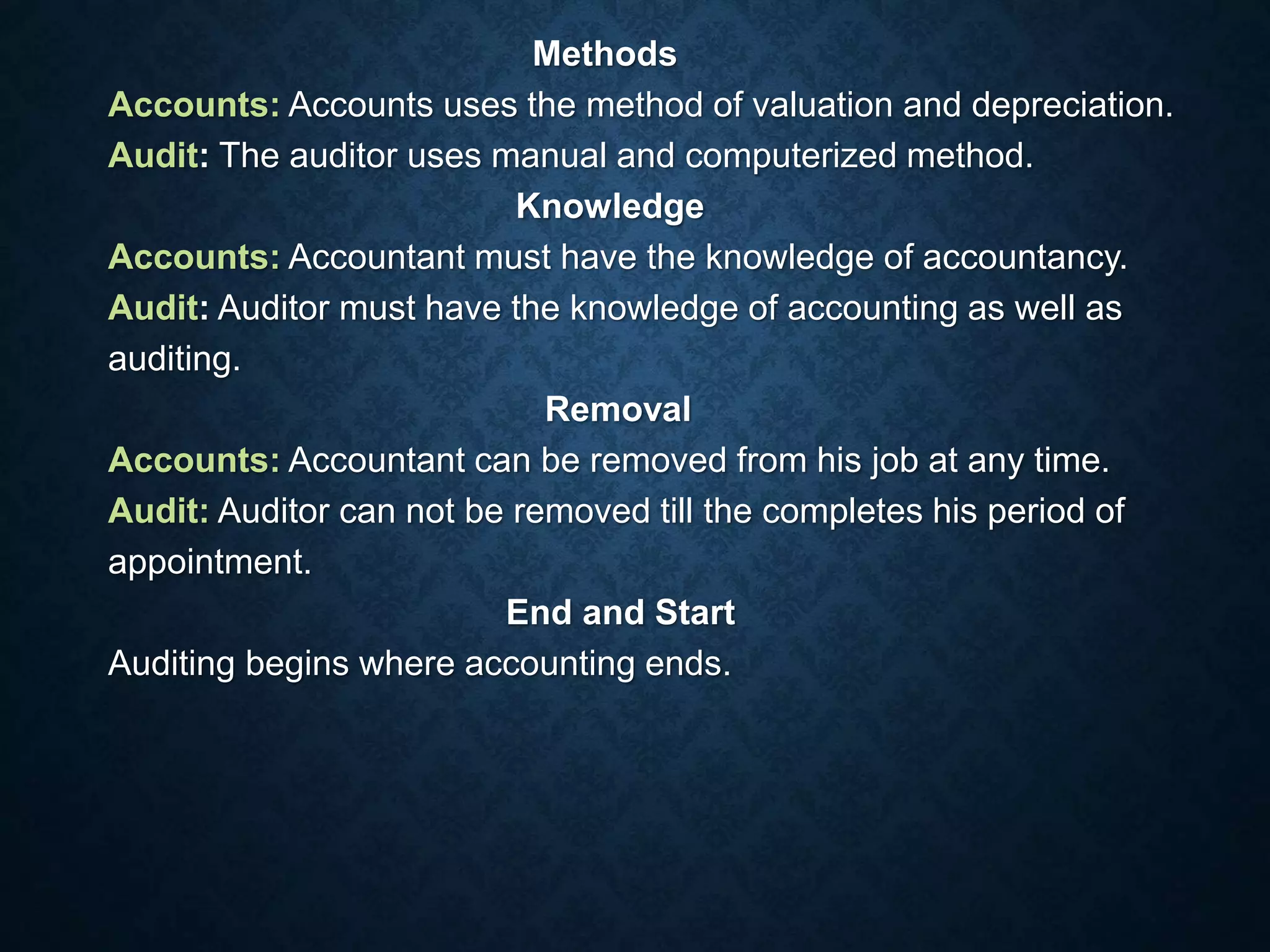 Methods
Accounts: Accounts uses the method of valuation and depreciation.
Audit: The auditor uses manual and computerized method.
Knowledge
Accounts: Accountant must have the knowledge of accountancy.
Audit: Auditor must have the knowledge of accounting as well as
auditing.
Removal
Accounts: Accountant can be removed from his job at any time.
Audit: Auditor can not be removed till the completes his period of
appointment.
End and Start
Auditing begins where accounting ends.
 
