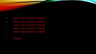 • case 5 : row=1; column=1; break;
• case 6 : row=1; column=2; break;
• case 7 : row=2; column=0; break;
• case 8 : row=2; column=1; break;
• case 9 : row=2; column=2; break;
•
• default:
 