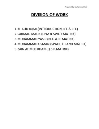 Prepared By: Muhammad Yasir

DIVISION OF WORK
1. KHALID IQBAL(INTRODUCTION, IFE & EFE)
2. SARMAD MALIK (CPM & SWOT MATRIX)
3. MUHAMMAD YASIR (BCG & IE MATRIX)
4. MUHAMMAD USMAN (SPACE, GRAND MATRIX)
5. ZAIN AHMED KHAN (Q.S.P.MATRIX)

 