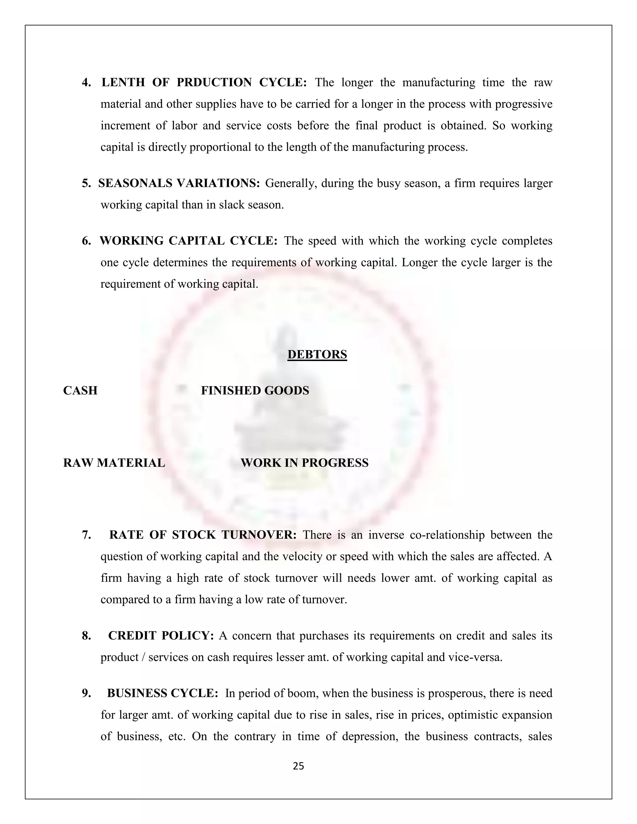 4. LENTH OF PRDUCTION CYCLE: The longer the manufacturing time the raw
       material and other supplies have to be carried for a longer in the process with progressive
       increment of labor and service costs before the final product is obtained. So working
       capital is directly proportional to the length of the manufacturing process.

  5. SEASONALS VARIATIONS: Generally, during the busy season, a firm requires larger
       working capital than in slack season.

  6. WORKING CAPITAL CYCLE: The speed with which the working cycle completes
       one cycle determines the requirements of working capital. Longer the cycle larger is the
       requirement of working capital.




                                               DEBTORS

CASH                       FINISHED GOODS




RAW MATERIAL                       WORK IN PROGRESS




  7.    RATE OF STOCK TURNOVER: There is an inverse co-relationship between the
       question of working capital and the velocity or speed with which the sales are affected. A
       firm having a high rate of stock turnover will needs lower amt. of working capital as
       compared to a firm having a low rate of turnover.

  8.    CREDIT POLICY: A concern that purchases its requirements on credit and sales its
       product / services on cash requires lesser amt. of working capital and vice-versa.

  9.    BUSINESS CYCLE: In period of boom, when the business is prosperous, there is need
       for larger amt. of working capital due to rise in sales, rise in prices, optimistic expansion
       of business, etc. On the contrary in time of depression, the business contracts, sales

                                               25
 