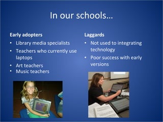 In our schools… Early adopters Library media specialists Teachers who currently use laptops Art teachers Laggards Not used to integrating technology Poor success with early versions Music teachers 