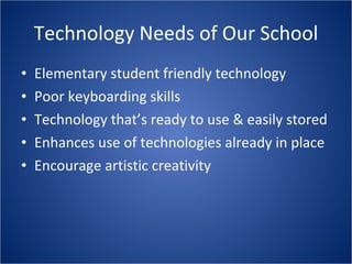 Technology Needs of Our School Elementary student friendly technology Poor keyboarding skills Technology that’s ready to use & easily stored Enhances use of technologies already in place Encourage artistic creativity 