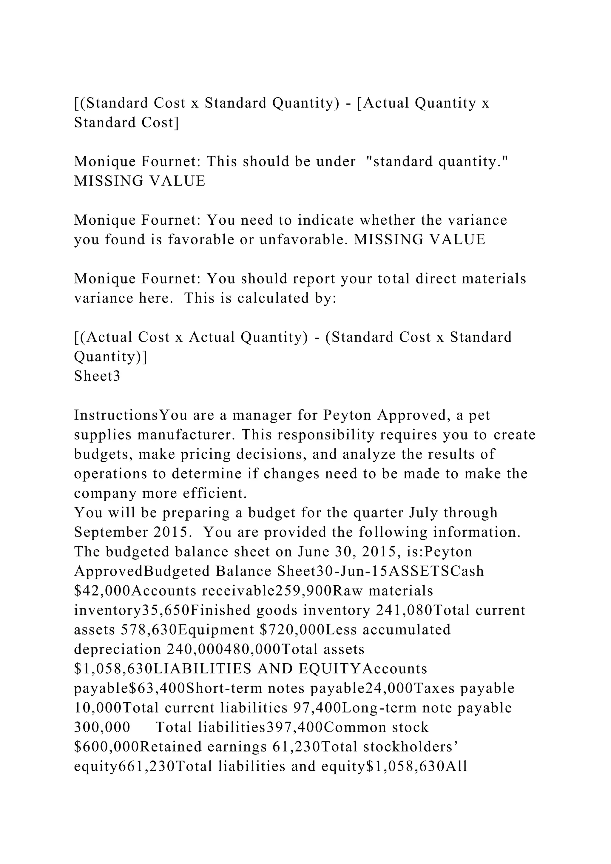 [(Standard Cost x Standard Quantity) - [Actual Quantity x
Standard Cost]
Monique Fournet: This should be under "standard quantity."
MISSING VALUE
Monique Fournet: You need to indicate whether the variance
you found is favorable or unfavorable. MISSING VALUE
Monique Fournet: You should report your total direct materials
variance here. This is calculated by:
[(Actual Cost x Actual Quantity) - (Standard Cost x Standard
Quantity)]
Sheet3
InstructionsYou are a manager for Peyton Approved, a pet
supplies manufacturer. This responsibility requires you to create
budgets, make pricing decisions, and analyze the results of
operations to determine if changes need to be made to make the
company more efficient.
You will be preparing a budget for the quarter July through
September 2015. You are provided the following information.
The budgeted balance sheet on June 30, 2015, is:Peyton
ApprovedBudgeted Balance Sheet30-Jun-15ASSETSCash
$42,000Accounts receivable259,900Raw materials
inventory35,650Finished goods inventory 241,080Total current
assets 578,630Equipment $720,000Less accumulated
depreciation 240,000480,000Total assets
$1,058,630LIABILITIES AND EQUITYAccounts
payable$63,400Short-term notes payable24,000Taxes payable
10,000Total current liabilities 97,400Long-term note payable
300,000 Total liabilities397,400Common stock
$600,000Retained earnings 61,230Total stockholders’
equity661,230Total liabilities and equity$1,058,630All
 