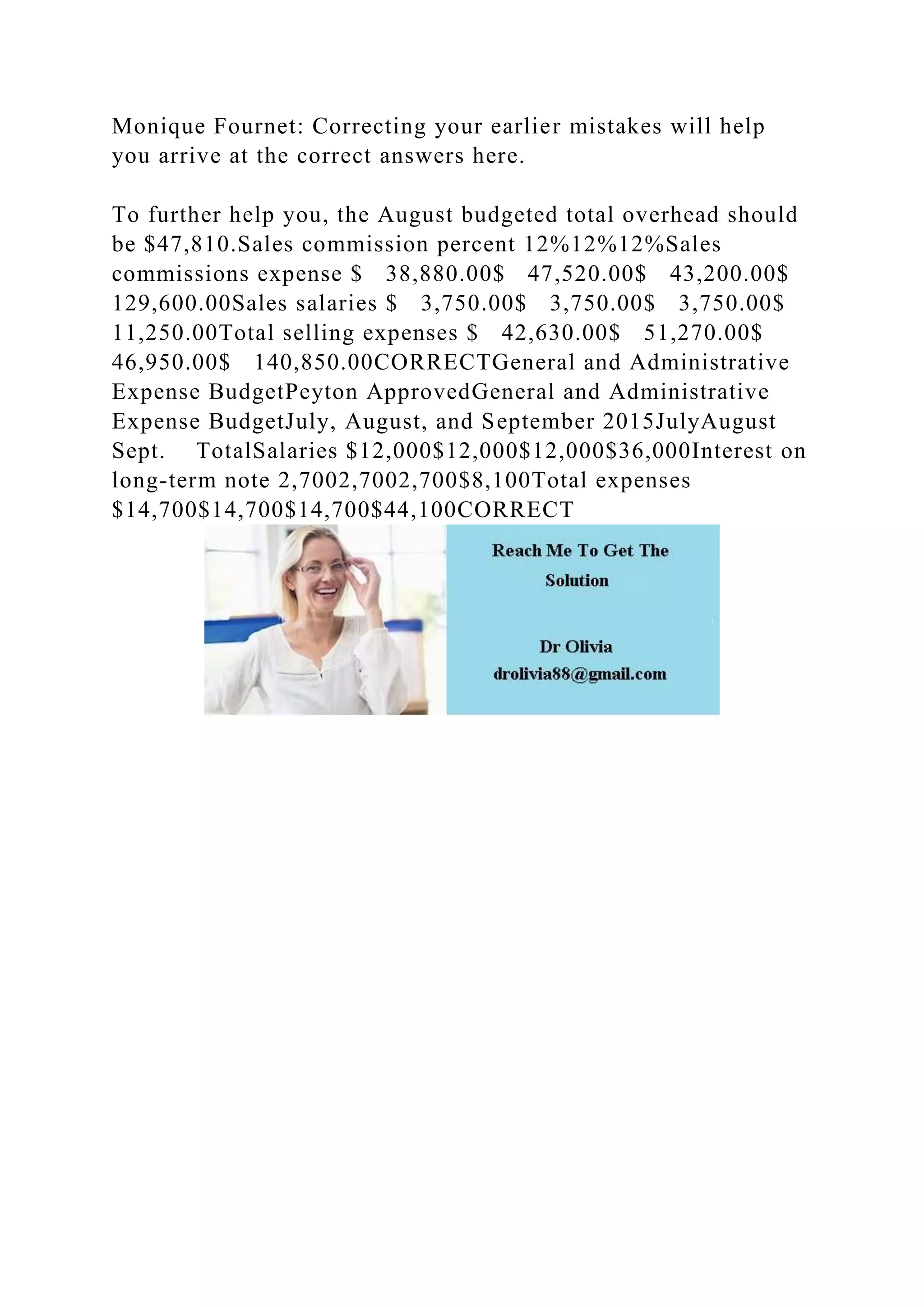 Monique Fournet: Correcting your earlier mistakes will help
you arrive at the correct answers here.
To further help you, the August budgeted total overhead should
be $47,810.Sales commission percent 12%12%12%Sales
commissions expense $ 38,880.00$ 47,520.00$ 43,200.00$
129,600.00Sales salaries $ 3,750.00$ 3,750.00$ 3,750.00$
11,250.00Total selling expenses $ 42,630.00$ 51,270.00$
46,950.00$ 140,850.00CORRECTGeneral and Administrative
Expense BudgetPeyton ApprovedGeneral and Administrative
Expense BudgetJuly, August, and September 2015JulyAugust
Sept. TotalSalaries $12,000$12,000$12,000$36,000Interest on
long-term note 2,7002,7002,700$8,100Total expenses
$14,700$14,700$14,700$44,100CORRECT
 