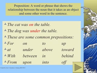 Preposition: A word or phrase that shows the relationship between the noun that it takes as an object and some other word in the sentence. The cat was  on  the table. The dog was  under  the table. These are some common prepositions: For on to up at under above toward With between in behind From upon into off  Created by José J. Gonzalez, Jr. Spring 2002 STCC 