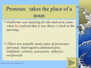 Pronoun:  takes the place of a noun Guillermo was studying for the mid-term exam when  he  realized that it was three o’clock in the morning. (There are actually many types of pronouns: personal, interrogative,demonstrative, indefinite, relative, possessive, reflexive, reciprocal) Created by José J. Gonzalez, Jr. Spring 2002 STCC 