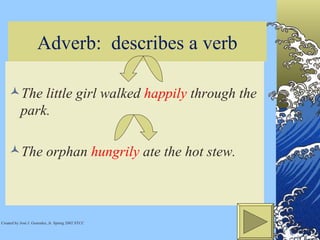 Adverb:  describes a verb The little girl walked  happily  through the park. The orphan  hungrily  ate the hot stew. Created by José J. Gonzalez, Jr. Spring 2002 STCC 