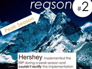 reason #2


Hershey implemented the
ERP during a peak season and
couldn’t rectify the implementation
 