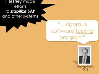 Hershey made
      efforts
 to stabilize SAP
and other systems

                      “…rigorous
                    software testing
                       program”




                             - George Davis
                                 (CIO)
 