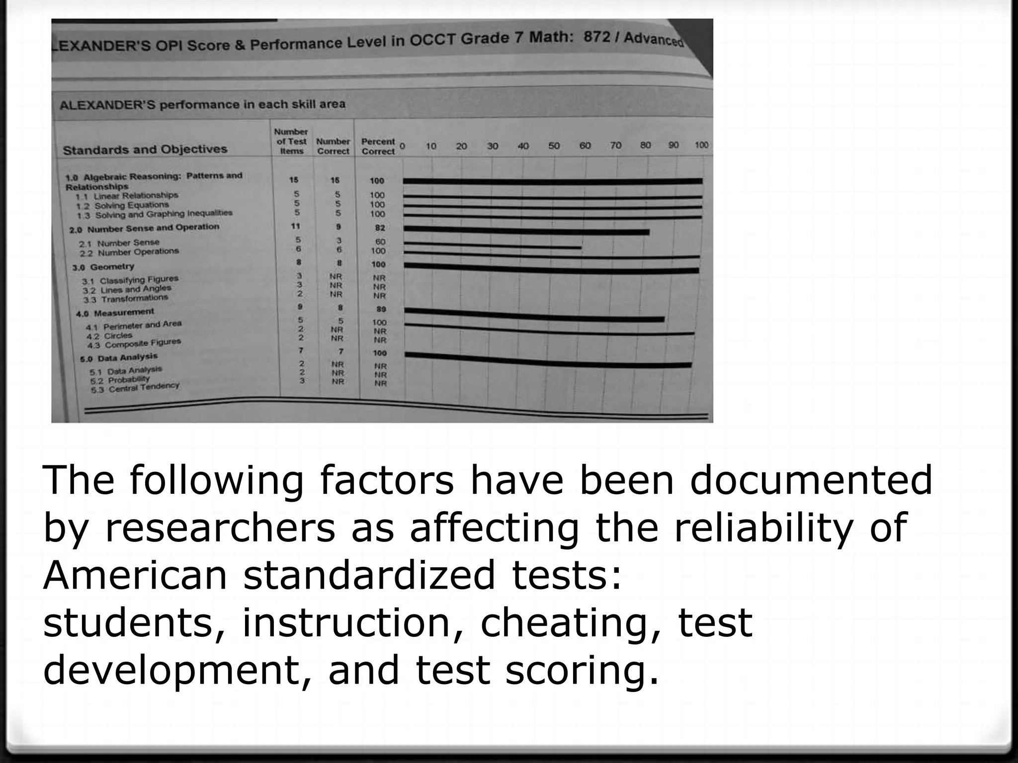 The following factors have been documented
by researchers as affecting the reliability of
American standardized tests:
students, instruction, cheating, test
development, and test scoring.
 