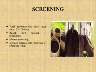 SCREENING
 Total decomposition may takes
about 75-100 days.
 Rough stuff (sticks) ---
breakdown.
 Manual screening.
 Inclined screens with mesh size of
8mm and 4mm.
 