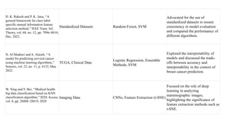 D. K. Rakesh and P. K. Jana, ‘‘A
general framework for class label
specific mutual information feature
selection method,’’ IEEE Trans. Inf.
Theory, vol. 68, no. 12, pp. 7996–8014,
Dec. 2022.
Standardized Datasets Random Forest, SVM
Advocated for the use of
standardized datasets to ensure
consistency in model evaluation
and compared the performance of
different algorithms.
N. Al Mudawi and A. Alazeb, ‘‘A
model for predicting cervical cancer
using machine learning algorithms,’’
Sensors, vol. 22, no. 11, p. 4132, May
2022
TCGA, Clinical Data
Logistic Regression, Ensemble
Methods, SVM
Explored the interpretability of
models and discussed the trade-
offs between accuracy and
interpretability in the context of
breast cancer prediction.
W. Xing and Y. Bei, ‘‘Medical health
big data classification based on KNN
classification algorithm,’’ IEEE Access,
vol. 8, pp. 28808–28819, 2020
Imaging Data CNNs, Feature Extraction (t-SNE)
Focused on the role of deep
learning in analyzing
mammographic images,
highlighting the significance of
feature extraction methods such as
t-SNE.
 