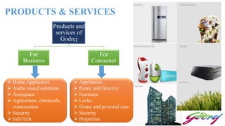 PRODUCTS & SERVICES
Products and
services of
Godrej
For
Business
For
Consumer
 Home Appliances
 Audio visual solutions
 Aerospace
 Agriculture, chemicals,
construction
 Security
 InfoTech
 Appliances
 Home and Grocery
 Furniture
 Locks
 Home and personal care
 Security
 Properties
 